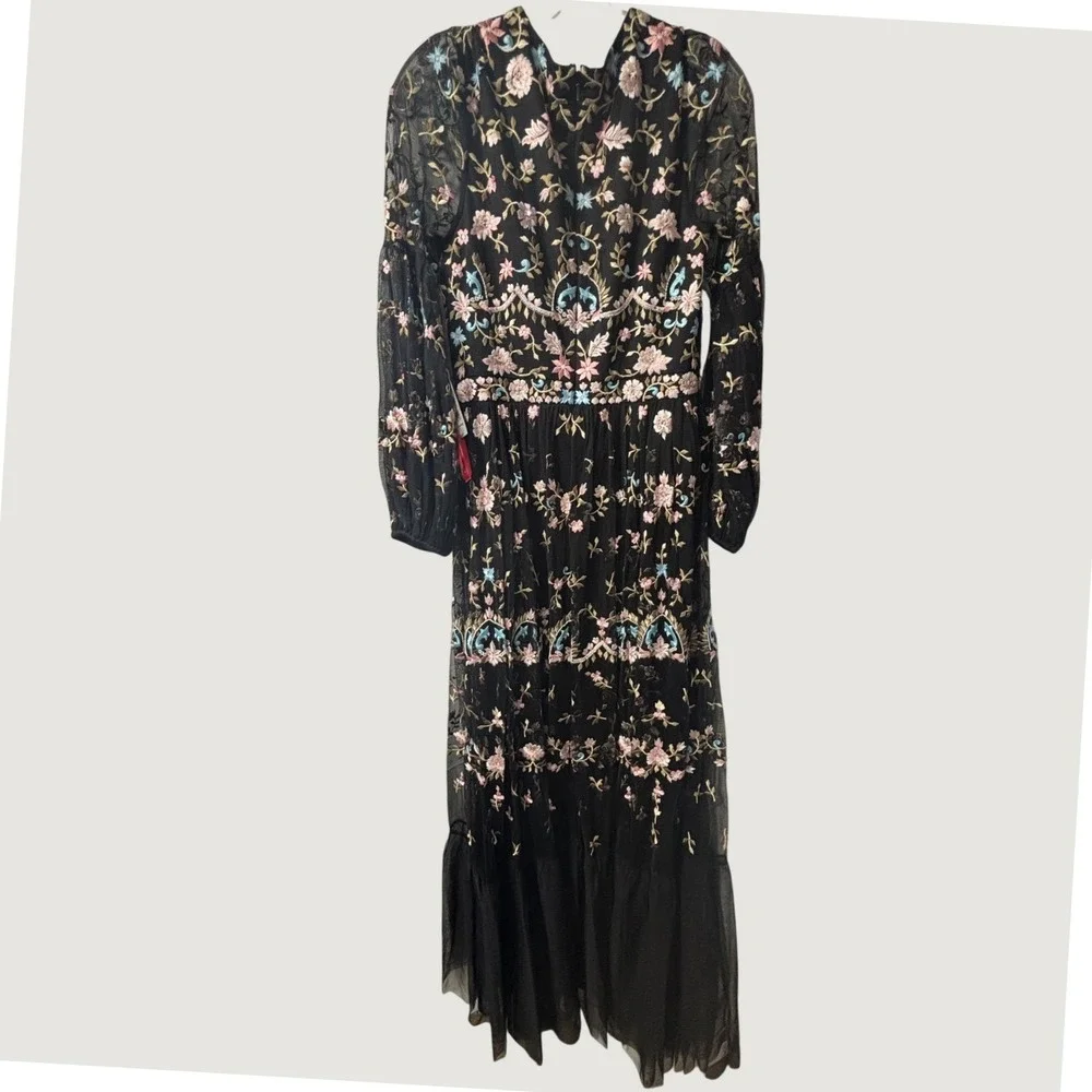 Mac‎ Duggal 35111 Black Floral Embroidered Mesh Maxi Gown Dress Size 8 NEW